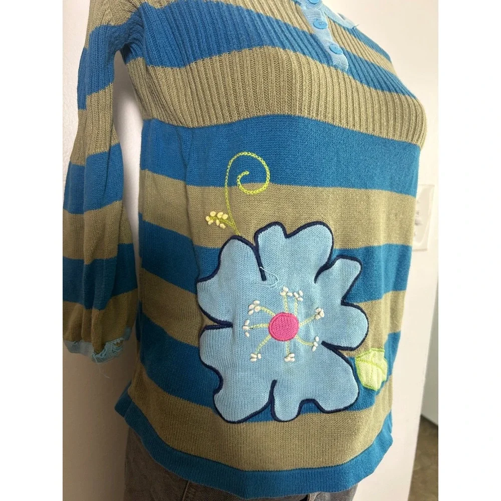 Kids Blue Khaki Striped Flower Applique Sweater Top Long Sleeve Henley‎